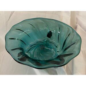 Vintage Murano ART GLASS Bowl Ruffle Teal Blue w Legs Handblown Polished Pontil